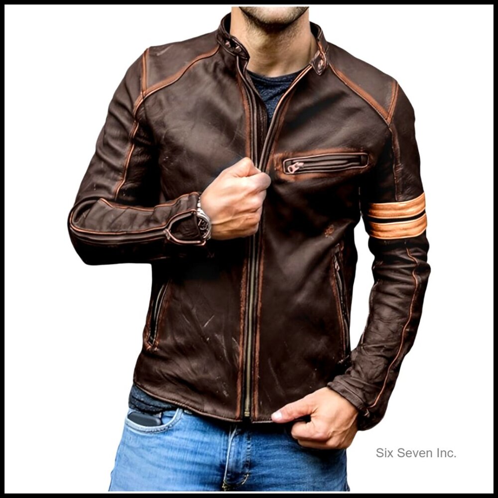 Distressed Lambskin Leather Cafe Racer Biker Jacket